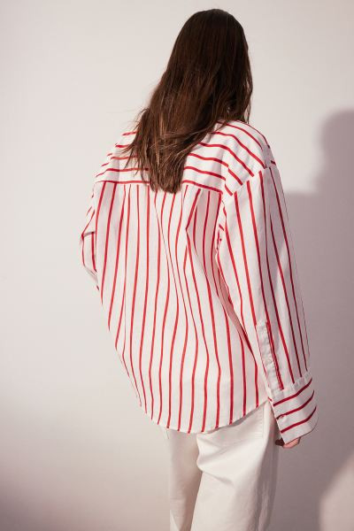 Linen-blend Shirt - Long sleeve - Regular length - White/red striped - Ladies | H&M US | H&M (US + CA)
