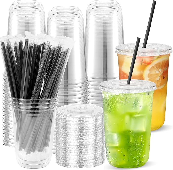 50PCS Round Bottom Clear Cups with Lids and Straws, Plastic To Go Coffee Smoothie Juice Cups, Dis... | Amazon (US)