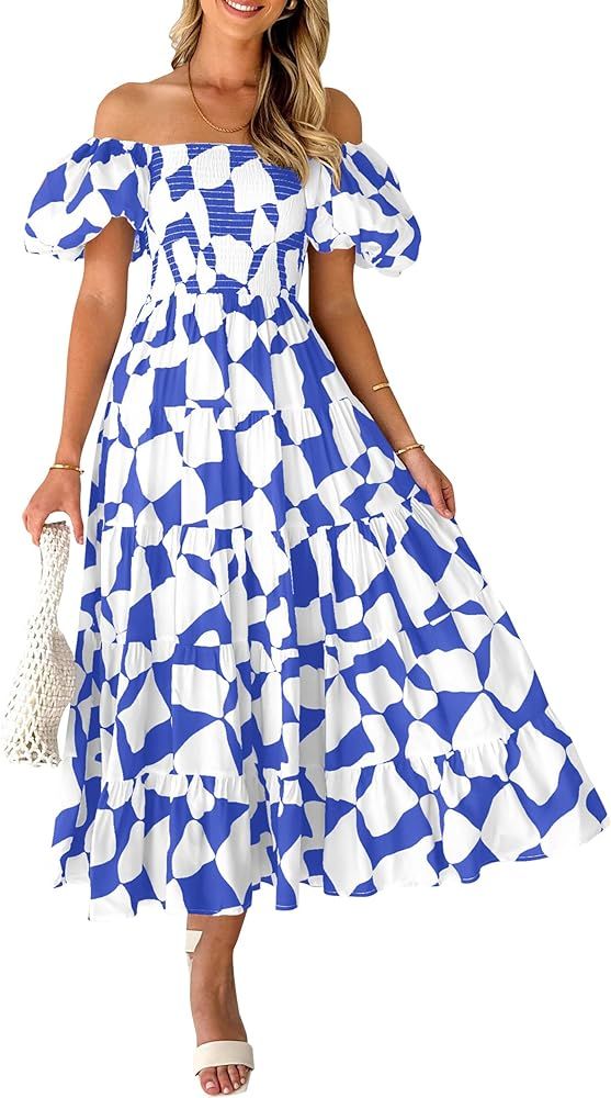 PRETTYGARDEN Women's 2024 Summer Boho Midi Dress Off Shoulder Puff Sleeve Print Smocked Ruffle Be... | Amazon (US)