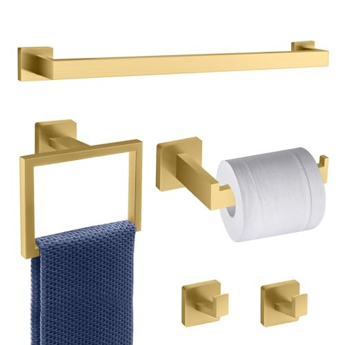 5 Piece Gold Towel Bar Set Bathroom Hardware Set Gold Bathroom Accessories Set with 2 Towel Hook, Stainless Steel Wall Mounted Bathroom Towel Rack Set Square 16-Inch | Amazon (US)
