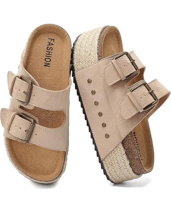 Women's Platform Sandals Cork Footbed with Double Buckles,Comfortable and Non-slip Sandals Wide W... | Amazon (US)