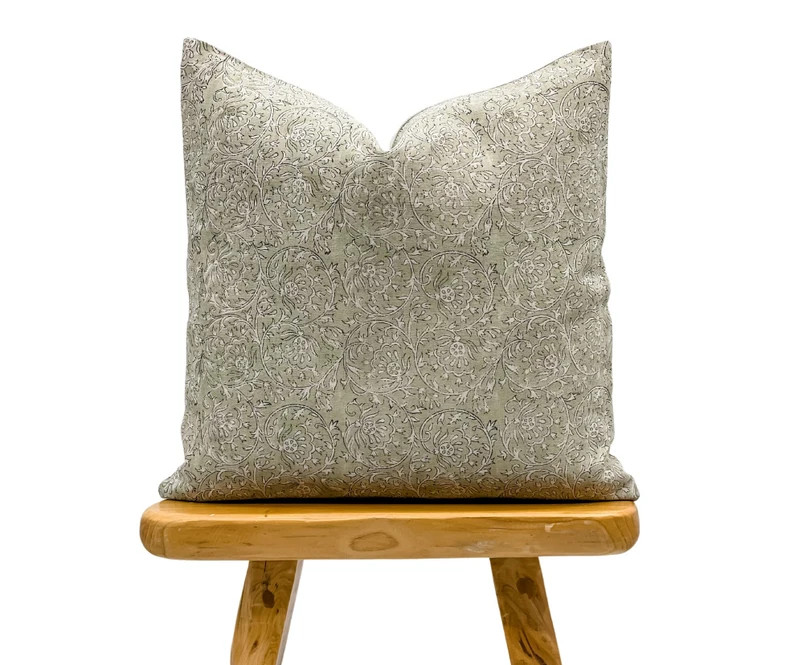 Designer Floral Print on Natural Linen Pillow Cover, Light Sage Green Pillow cover, Farmhouse  Pi... | Etsy (US)