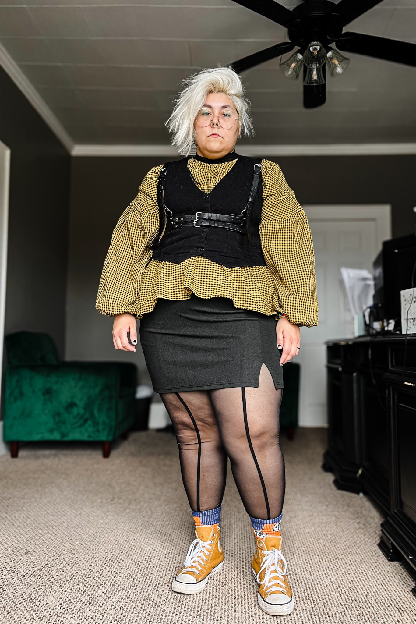 Plus Size Alt OOTD
Mock neck: Shein
Gingham shirt: BooHoo
Vest: Walmart
Harness: Shein
Skirt: Shein
Tights: Shein
Shoes: Converse 

#LTKstyletip #LTKplussize #LTKshoecrush