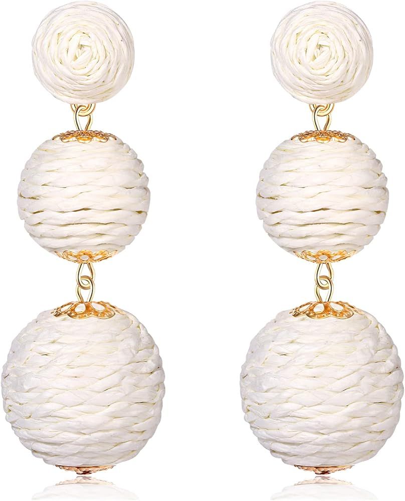 Raffia Earrings Boho Rattan Ball Earrings for Women Handmade Rattan Dangle Drop Earrings Summer B... | Amazon (US)