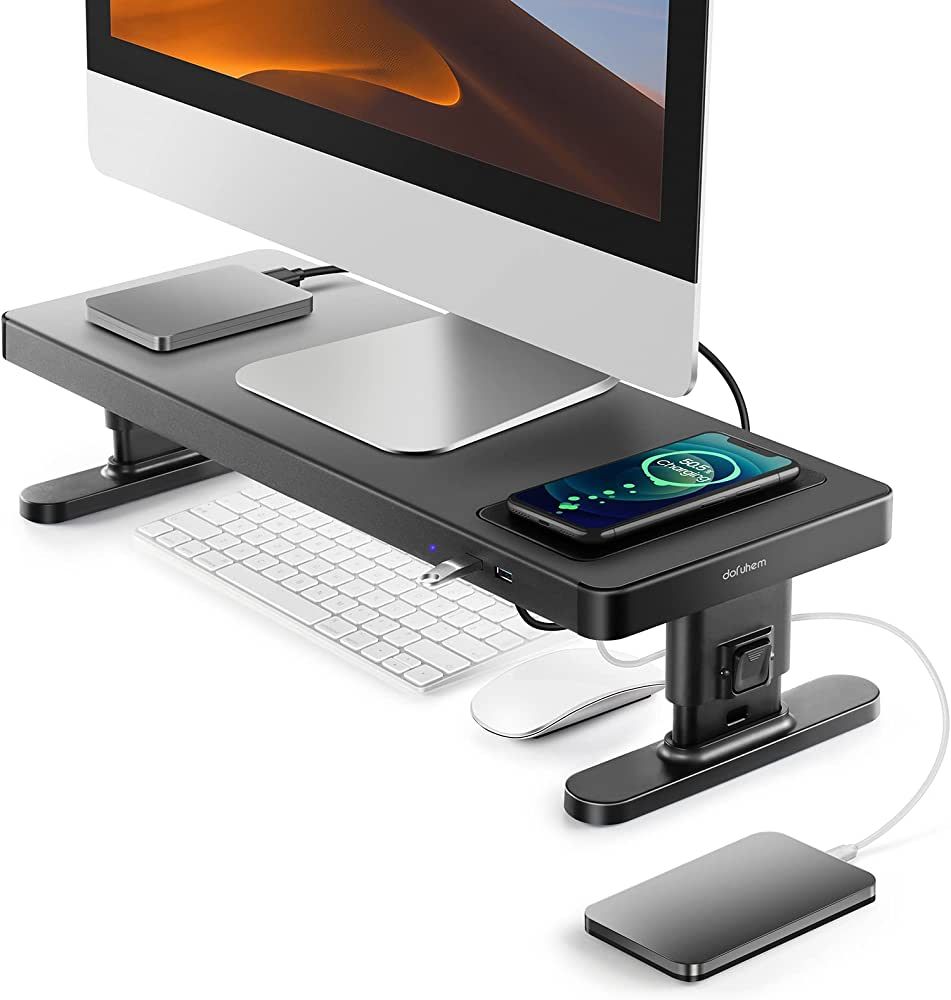 Dofuhem Monitor Stand Riser with 4 Adjustable Heights,Charger and USB3.0/2.0 Hub Splitter for Dat... | Amazon (US)