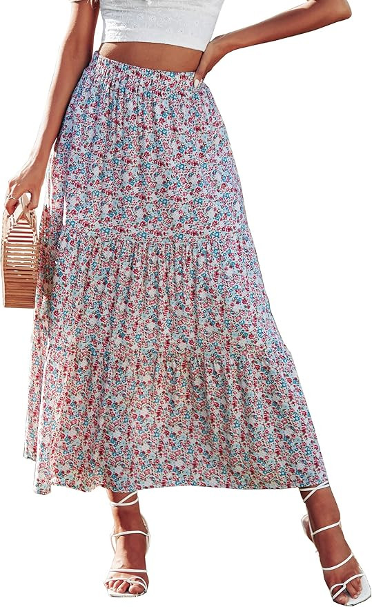 KIRUNDO Womens 2024 Spring Summer High Waist Boho Floral Maxi Skirt Casual Flowy Swing Pleated A ... | Amazon (US)
