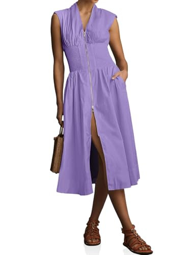Wenrine Womens Summer Smocked Midi Dress Casual Zipper V Neck Cap Sleeve High Slit Flowy Long Dre... | Amazon (US)