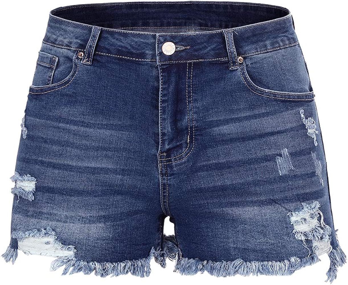 THUNDER STAR Women Mid Rise Ripped Stretchy Jeans Shorts Frayed Raw Hem Casual Denim Shorts | Amazon (US)