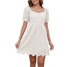 Women's Eyelet Embroidery Mini Dress Puff Short Sleeve with Tie Up Cuffs Short Dress Slim Fit Asy... | Amazon (US)