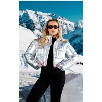 PrettyLittleThingSKI Silver High Shine Cropped Puffer Coat | PrettyLittleThing US