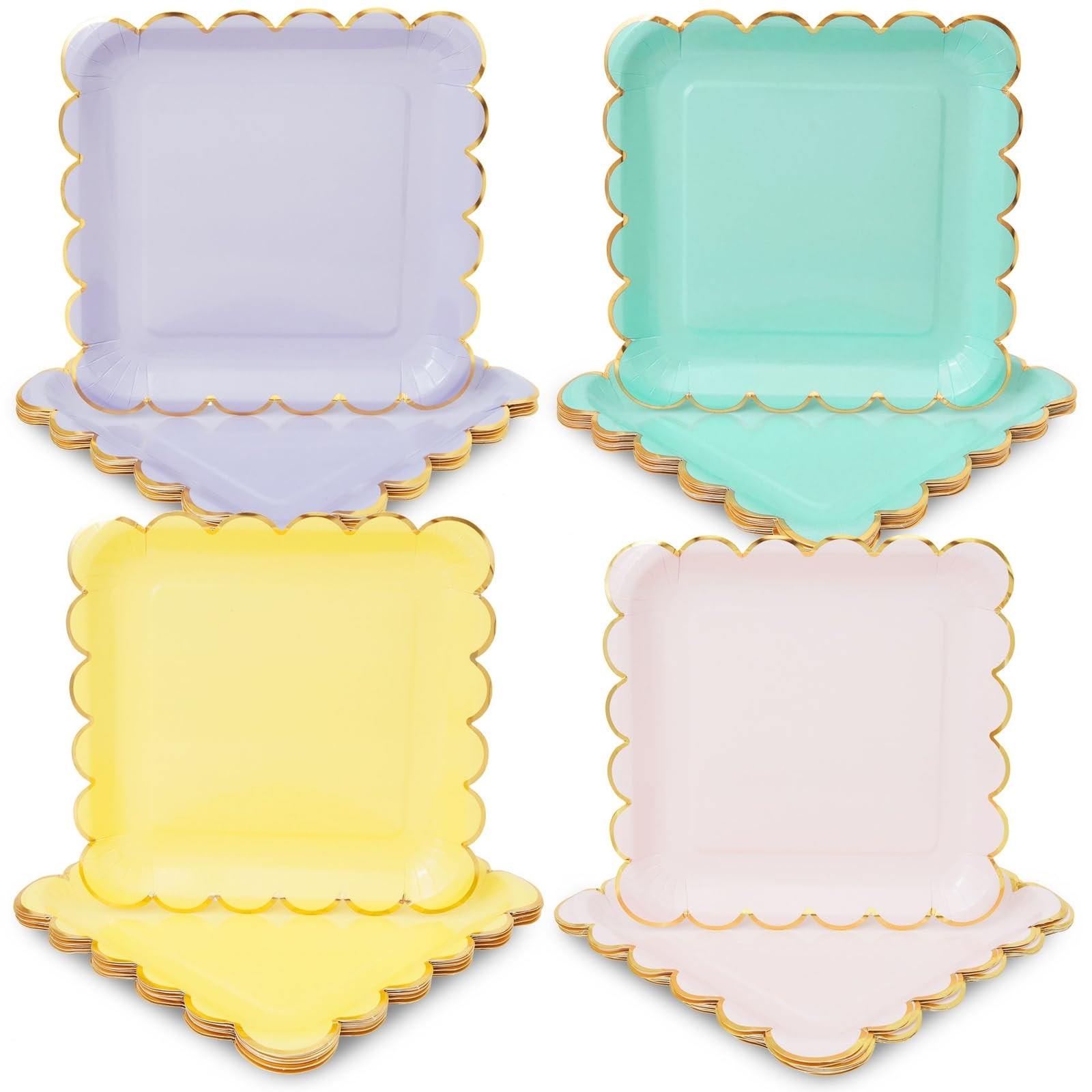 48 Pack Pastel Paper Plates with Scalloped Gold Foil - 9 inch Square Party Plate - Cute Dinnerwar... | Amazon (US)