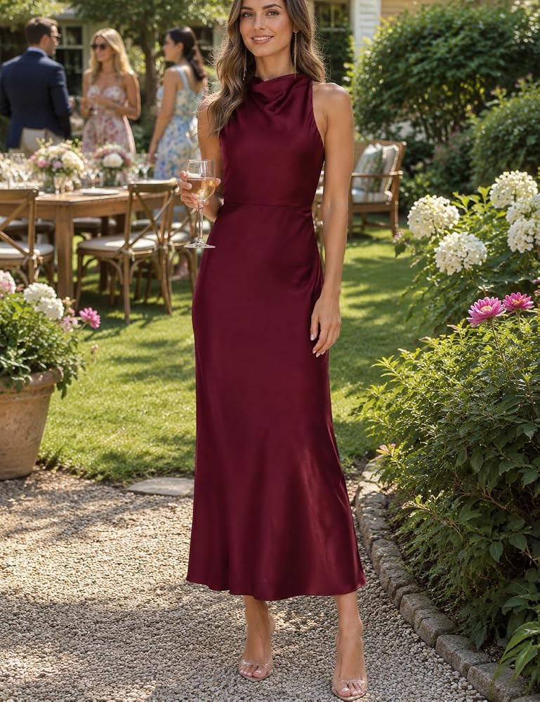 Halfisland Womens Satin High Neck Backless Sleeveless Cocktail Midi Dress | Amazon (US)