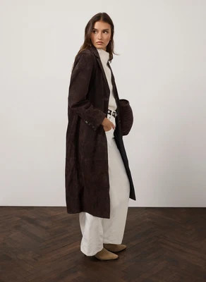 Brown Suede Single Breasted Longline Coat | Mint Velvet