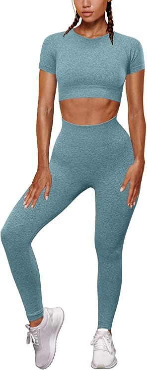 OYS Womens Yoga 2 Pieces Workout Outfits Seamless High Waist Leggings Sports Crop Top Running Clo... | Amazon (US)