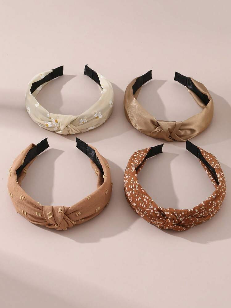 4pcs Women Daisy Floral Print Headband Set, Simple & Elegant Brown Tones, Suitable For Everyday W... | SHEIN
