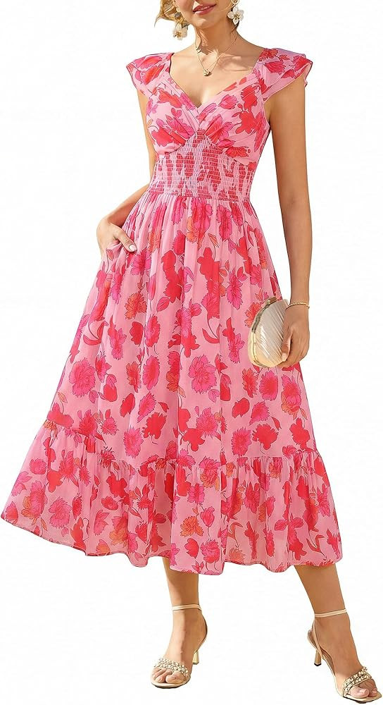 GRACE KARIN Women's Summer Floral Maxi Dress 2026 Ruffle Sleeve Smocked Sundress Flowy Wedding Gu... | Amazon (US)
