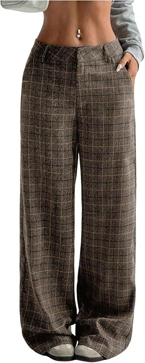 GORGLITTER Women's Plaid Low Rise Pants Trousers Baggy Wide Leg Dress Pants | Amazon (US)