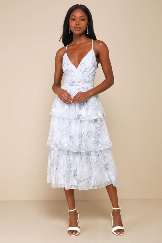 Light Blue Floral Tiered Lace-Up Midi Dress | Blue And White Dress | Lulus