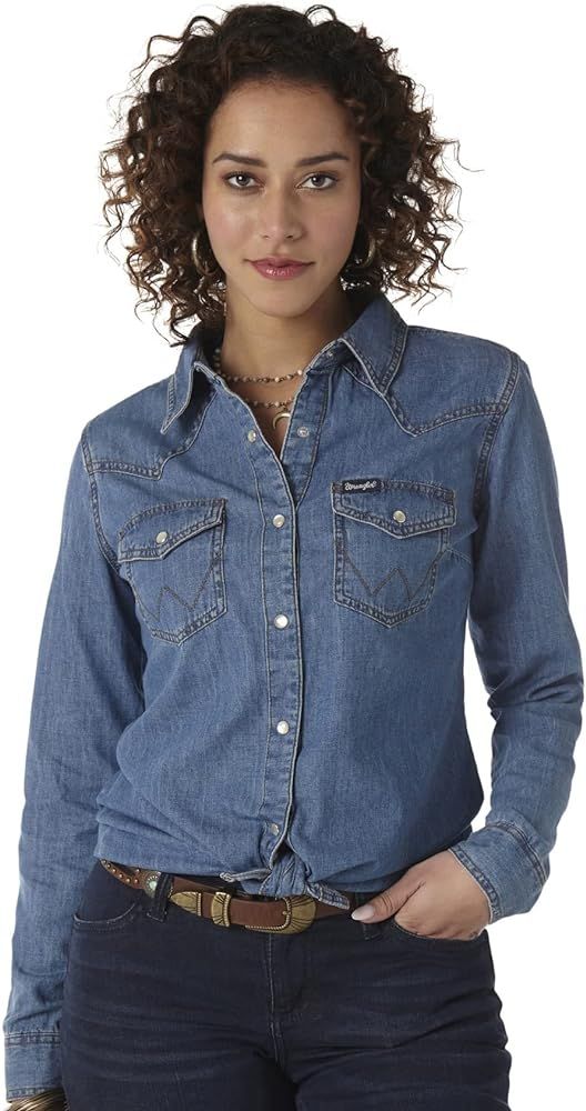 Wrangler Womens Retro Long Sleeve Western Snap Shirt Mid Denim | Amazon (US)