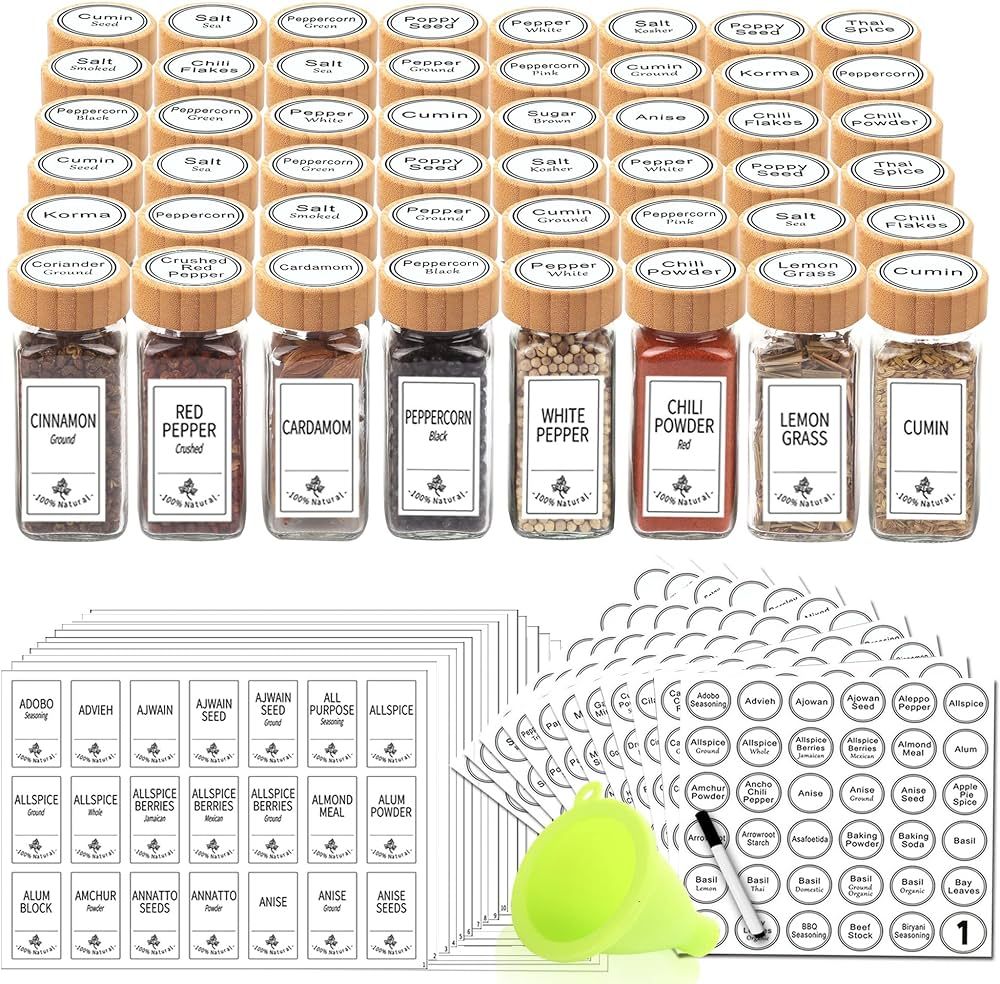 SWOMMOLY 48 Glass Spice Jars with 806 White Spice Labels, Square Spice Bottles 4 oz Empty Spice C... | Amazon (US)