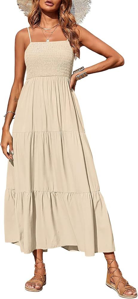 PRETTYGARDEN Women's Summer Maxi Dress Casual Boho Sleeveless Spaghetti Strap Smocked Tiered Long... | Amazon (US)