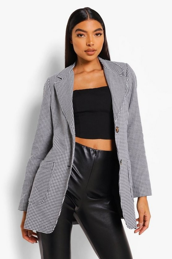 Tall Woven Dogtooth Puff Sleeve Pocket Blazer | Boohoo.com (US & CA)