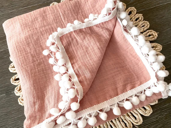 Dusty Pink Pom Muslin Swaddle Blanket, dusty pink Pom blanket, Pink Pom Swaddle, Newborn Swaddle,... | Etsy (US)