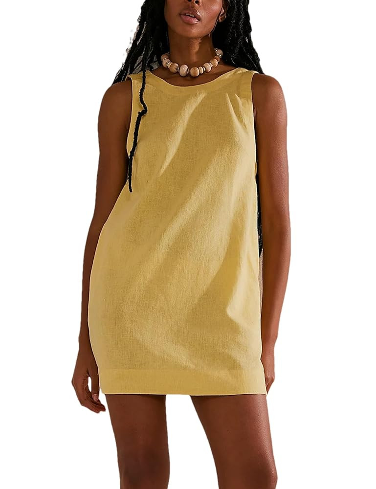 Womens Summer Crew Neck Sleeveless Open Back Dress Casual Beach Sunshine Cotton Linen Mini Dress | Amazon (US)