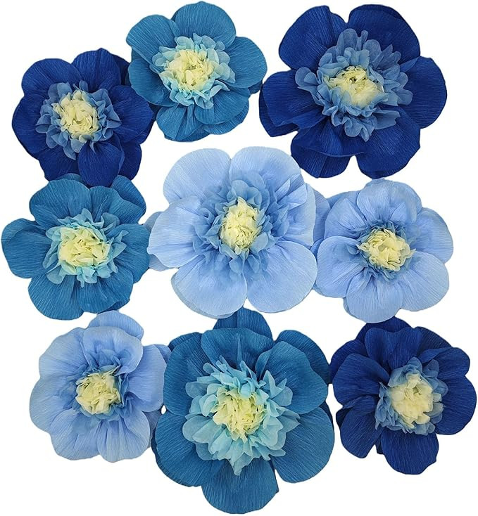 Amazon.com: Mybbshower 9 Pack Ombre Blue Crepe Paper Flowers for Wedding Arch, Nursery Wall Birth... | Amazon (US)