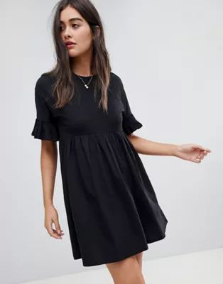 ASOS DESIGN cotton slubby frill sleeve smock dress in black | ASOS (Global)