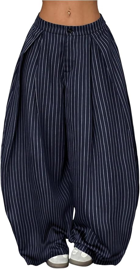 GORGLITTER Women's Barrel Pleated Oversized Wide Leg Cargo Pants | Low Rise Baggy Fit, Business C... | Amazon (US)