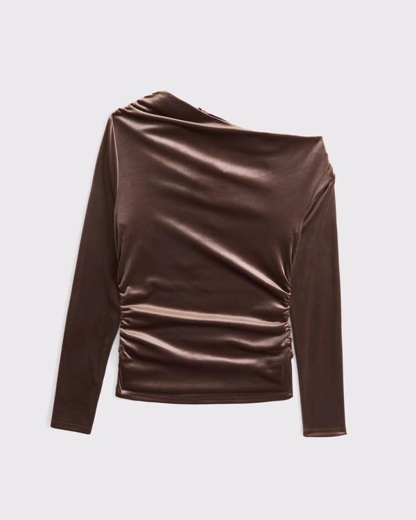 Long-Sleeve Velvet Asymmetrical Draped Top | Abercrombie & Fitch (US)