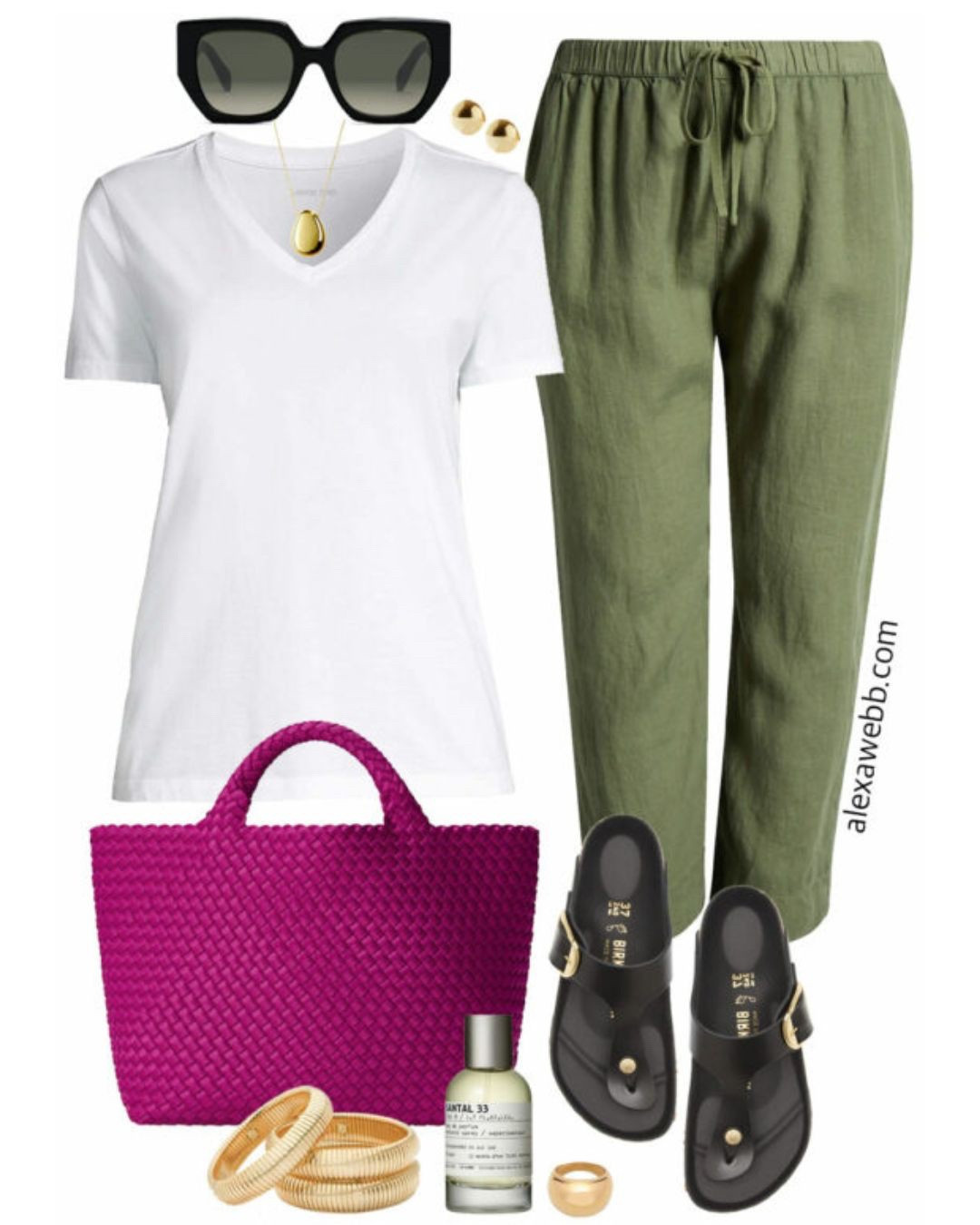 Plus Size Green Linen Pants Outfit - A plus size casual outfit for spring and summer with plus size tapered linen pants, a white t-shirt, magenta woven bag, and sandals. Alexa Webb

#LTKStyleTip #LTKPlusSize #LTKSeasonal