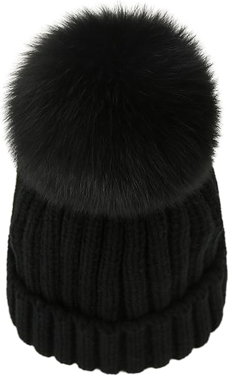 Winter Knit Beanie Hat with Real Fox Fur Pom Pom Chunky Snow Cap for Women Girls | Amazon (US)