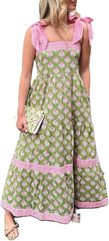 Women Summer Boho Maxi Dress Floral Tie Shoulder Flowy Long Dress Square Neck Ruffle Tiered Beach... | Amazon (US)