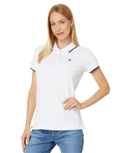 U.S. Polo Assn. Womens Classic Stretch Pique Polo Shirt - Ladies Cotton Short Sleeve Golf Shirt, Women's Polo Shirts for Work, School, Tennis & Semi-Formal Events, White W/Navy, XL | Amazon (US)