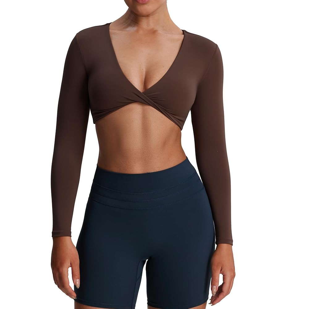 Aoxjox Long Sleeve Crop Tops for Women Sienna Twist Deep V Workout Cropped T Shirt Top | Amazon (US)