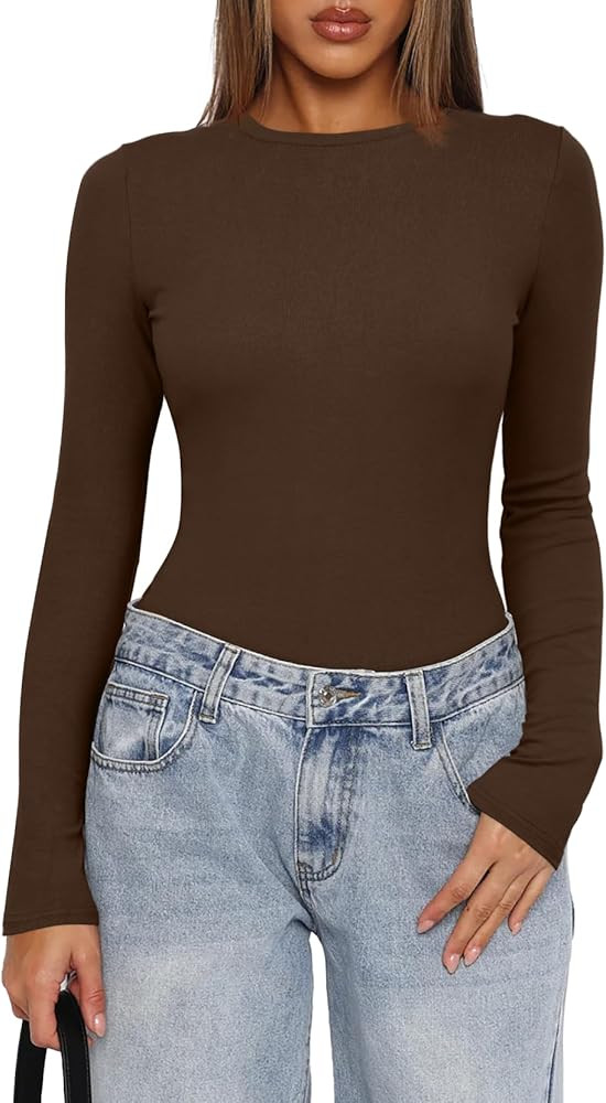 Darong Women's Long Sleeve Bodysuits Crew Neck Body Suits 2024 Basic One Piece Bodysuit Tops | Amazon (US)