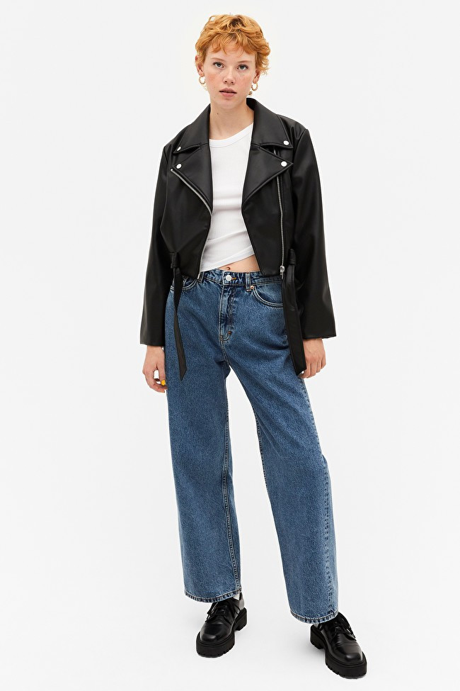 Black cropped faux leather jacket | Monki