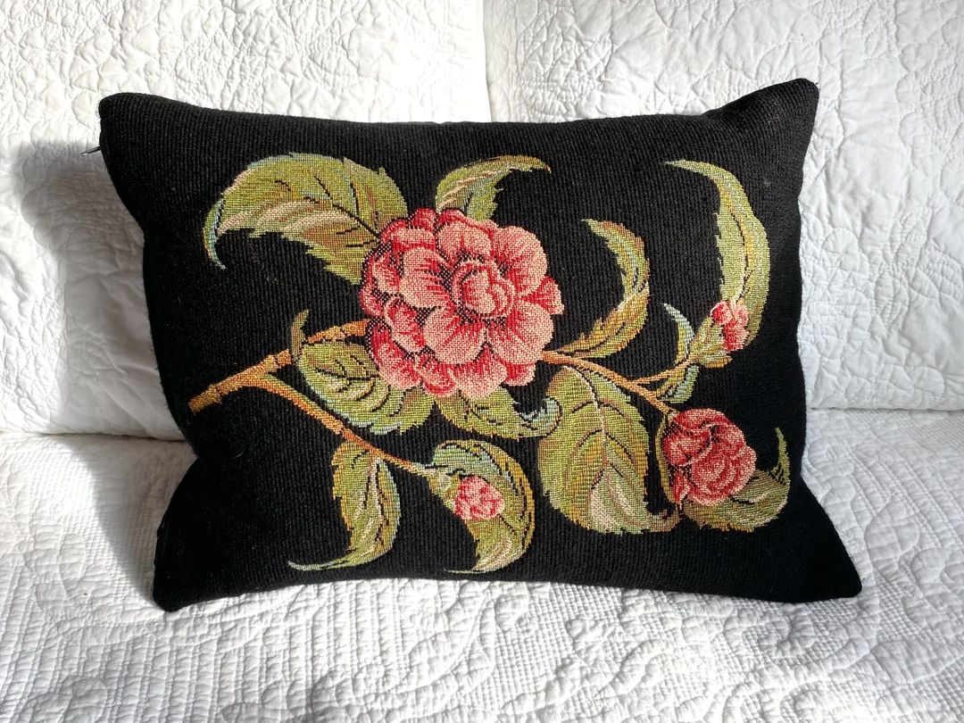Vintage Needlepoint Black Pillow Rose Design, CJC Made in France, St. Simons Island Georgia, Feat... | Etsy (US)