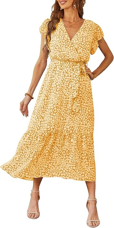 PRETTYGARDEN Women's Summer Floral Boho Maxi Dress Short Sleeve Wrap V Neck Ruffle Long Flowy Bea... | Amazon (US)