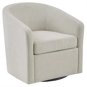 Martha Stewart Amber 30.25" Metal Fabric and Solid Wood Swivel Chair in Ivory | Cymax