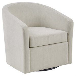 Martha Stewart Amber 30.25" Metal Fabric and Solid Wood Swivel Chair in Ivory | Cymax