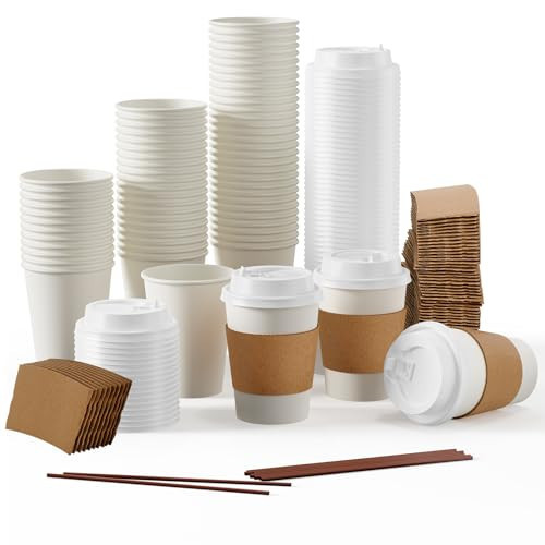 JOLLY PARTY [50 Pack] 12 oz Paper Coffee Cups, Disposable Paper Coffee Cup with Lids, Sleeves, and Stirrers, Hot/Cold Beverage Drinking Cup for Water, Juice or Tea, Suitable for Home, Shops and Cafes | Amazon (US)