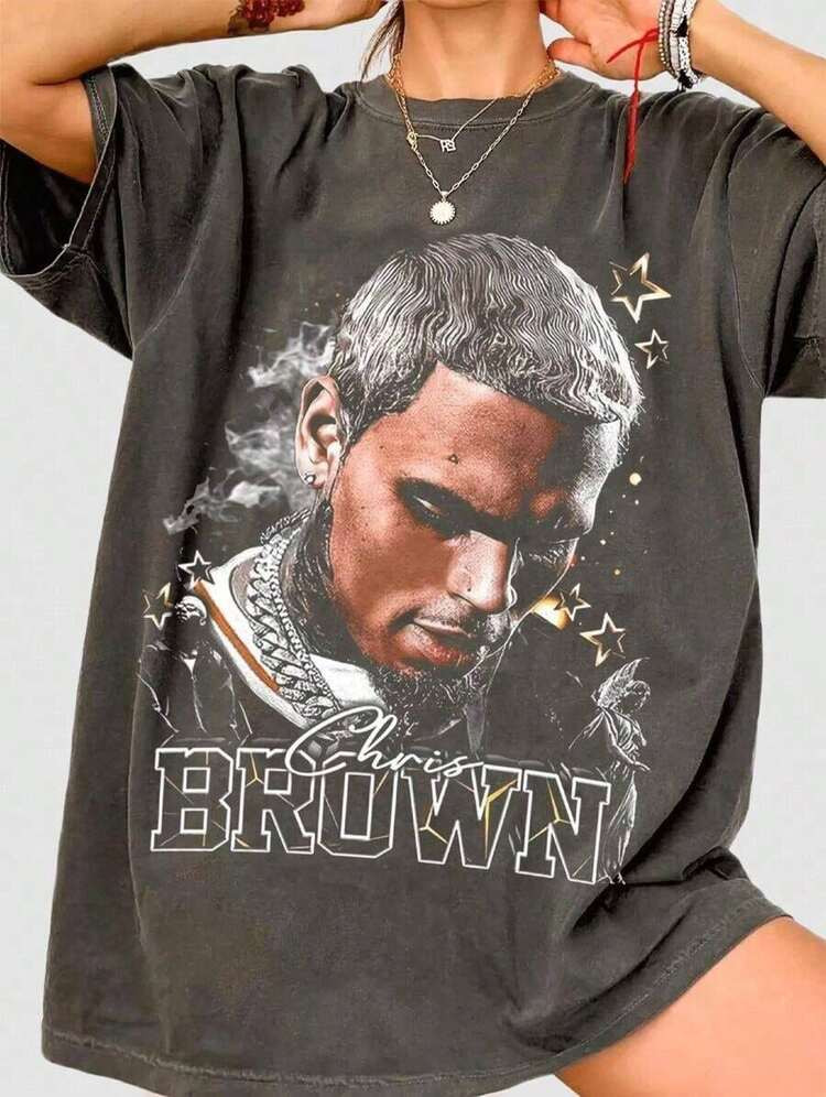 Vintage Rap Rapper 90s Tee Hip Hop Chris Signature .Brown/. T-Shirt, Vintage Chris Concert Fan ShirtAll-Match Sports T-Shirt100% Cotton T-Shirt With Printed Graphic | SHEIN