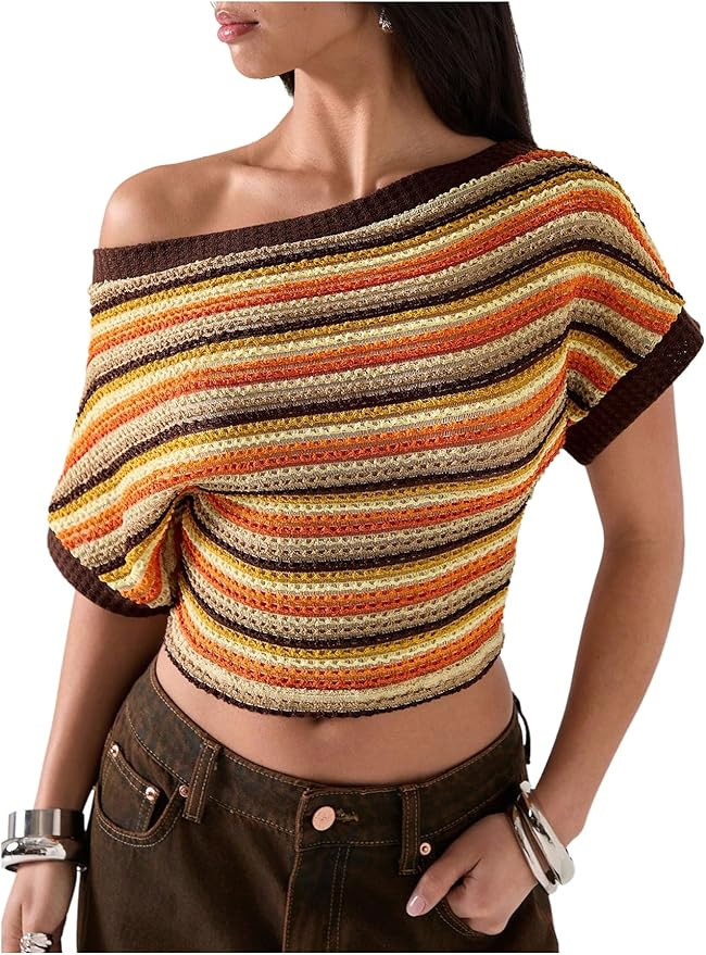 OYOANGLE Women's Off The Shoulder Tops Striped Cinched Waist Going Out Top | Amazon (US)