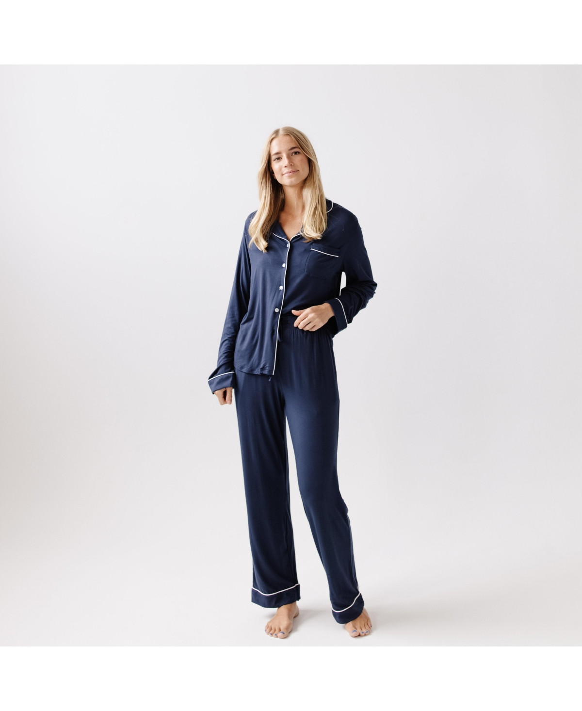 Cozy Earth Women's Long Sleeve Stretch-Knit Viscose from Bamboo Pajama Set - Navy | Macy's