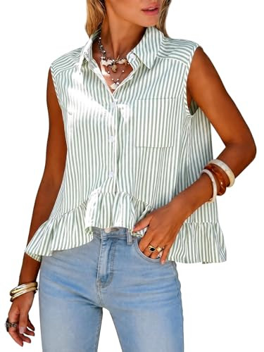 EXLURA Women Summer Top 100% Cotton Faux Linen Sleeveless Shirts Cropped Peplum Tops Casual Strip... | Amazon (US)