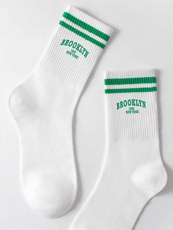1pair Women's Mid-calf Socks With Brooklyn Lettering, Green Color, Double Striped, Antimicrobial ... | SHEIN