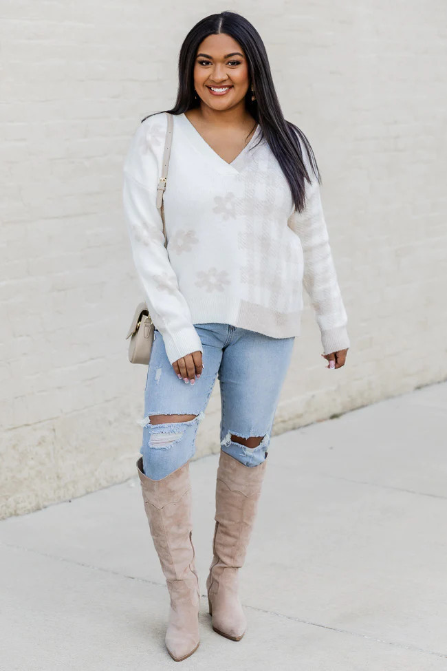 Cool Mom Beige Floral And Checkered Sweater - Krista X Pink Lily FINAL SALE | Pink Lily